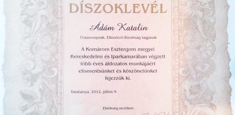 Díszoklevél Ádám Katalin részére 2012.