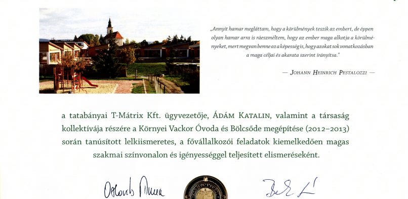 Elismerő oklevél – Környei Vackor Óvoda és Bölcsőde 2013.